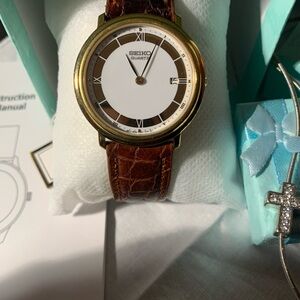 Seiko Gold Watch Roman Numeral Dail Brown Calfskin Strap